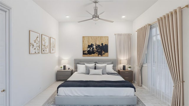 bedroom with light wood-type flooring and ceiling fan