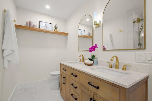 1907 Casa Grande Dr, Austin, TX 78733 - bathroom with marble look tile flooring, double vanity, a marble finish shower, and recessed lighting