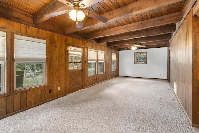 unfurnished room featuring wood ceiling, beamed ceiling, and wood walls