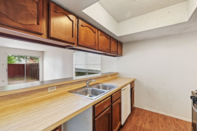 kitchen featuring sink, dark hardwood / wood-style floors, a textured ceiling, and white dishwasher