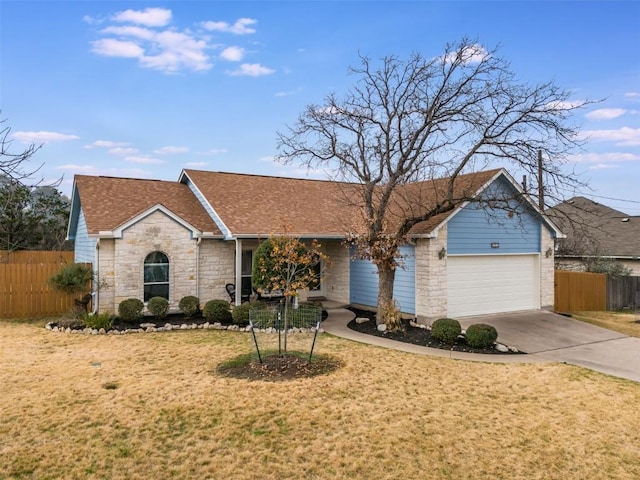 single story home with a front yard and a garage