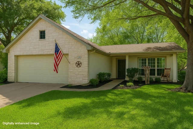 216 Whispering Wind Dr, Georgetown, TX 78633 - ranch-style home featuring stone siding, concrete driveway, a front yard, stucco siding, and roof with shingles