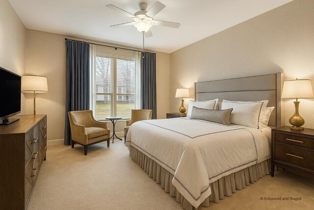 216 Whispering Wind Dr, Georgetown, TX 78633 - bedroom featuring light colored carpet and a ceiling fan
