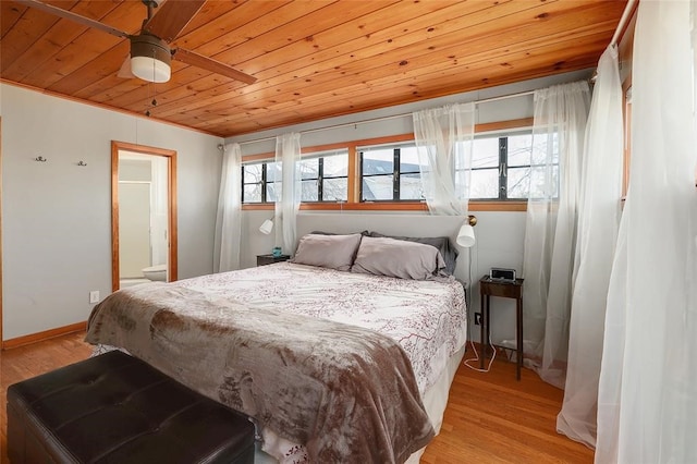 bedroom with light hardwood / wood-style floors, ensuite bath, wood ceiling, and multiple windows