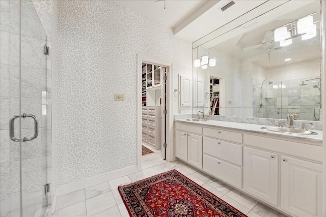 3800 Bailey Ln Unit F-1, Austin, TX 78756 - bathroom featuring ceiling fan, vanity, and walk in shower