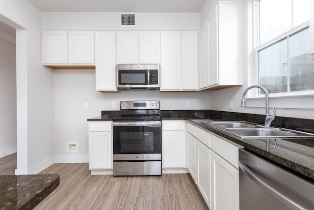 kitchen featuring sink, dark stone countertops, white cabinetry, and stainless steel appliances