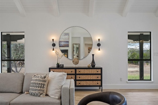 200 Shady River Rd, Wimberley, TX 78676 - living room with wood finished floors, beamed ceiling, plenty of natural light, and baseboards