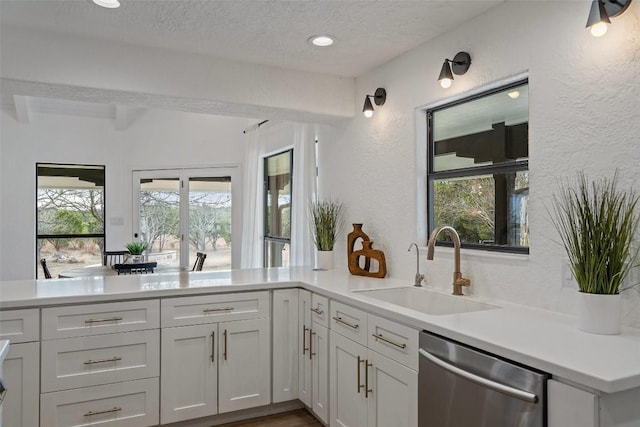 200 Shady River Rd, Wimberley, TX 78676 - kitchen with stainless steel dishwasher, a sink, a textured ceiling, a textured wall, and light countertops