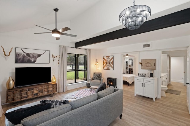 200 Shady River Rd, Wimberley, TX 78676 - living area featuring ceiling fan, light wood finished floors, a chandelier, and high vaulted ceiling