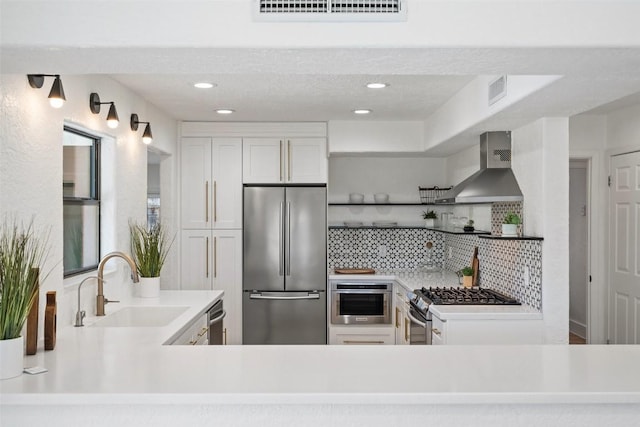 200 Shady River Rd, Wimberley, TX 78676 - kitchen with appliances with stainless steel finishes, wall chimney exhaust hood, open shelves, a sink, and light countertops