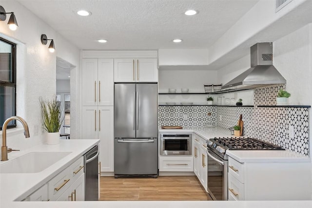 200 Shady River Rd, Wimberley, TX 78676 - kitchen featuring stainless steel appliances, a sink, extractor fan, open shelves, and light wood finished floors