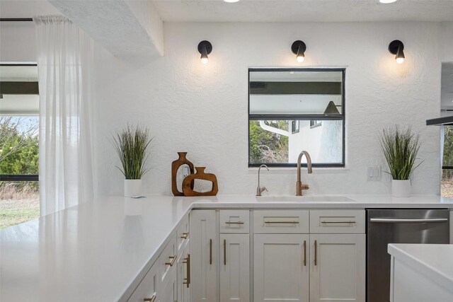 200 Shady River Rd, Wimberley, TX 78676 - kitchen featuring a sink, dishwasher, a textured wall, and light countertops