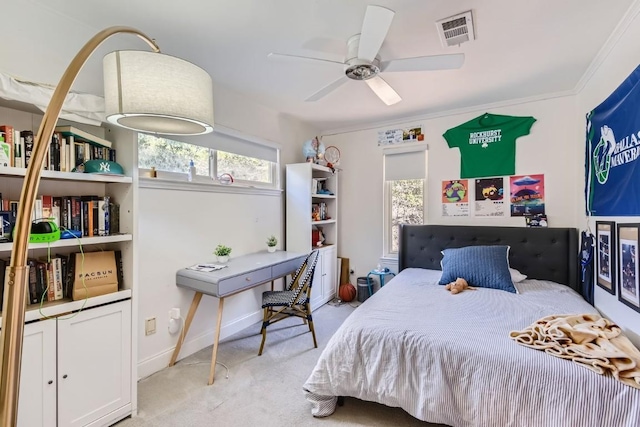 bedroom with light carpet and ceiling fan