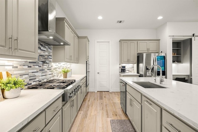 kitchen with a sink, visible vents, stainless steel appliances, gray cabinetry, and wall chimney exhaust hood