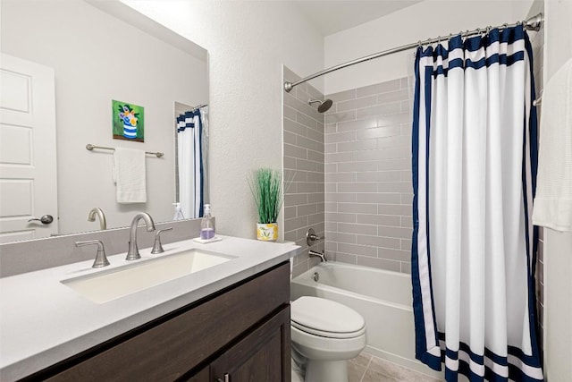 full bathroom with toilet, tile patterned flooring, shower / bathtub combination with curtain, and vanity