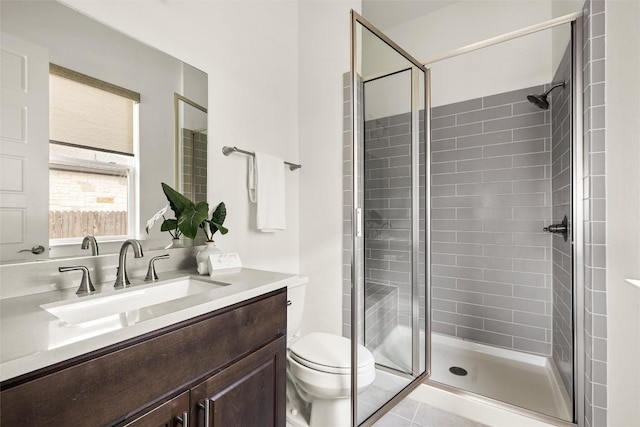 full bath with vanity, toilet, and a stall shower