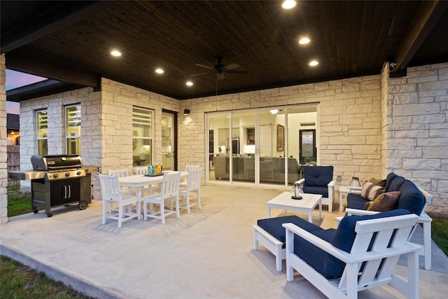view of patio featuring outdoor dining space, ceiling fan, outdoor lounge area, and a grill