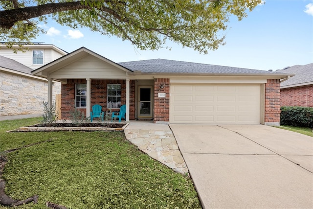 ranch-style house with brick siding, driveway, and a garage