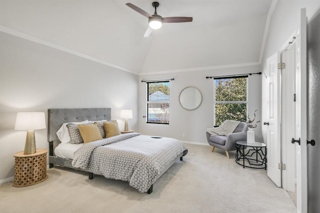 bedroom featuring carpet, ornamental molding, baseboards, and lofted ceiling