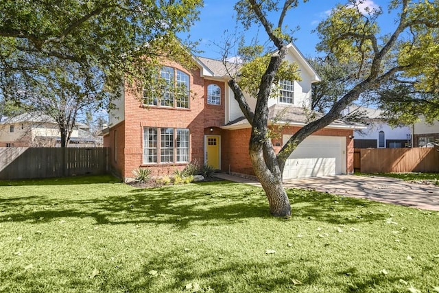 traditional-style home featuring fence, concrete driveway, a front lawn, and brick siding