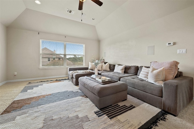 living area with light carpet, lofted ceiling, ceiling fan, baseboards, and visible vents