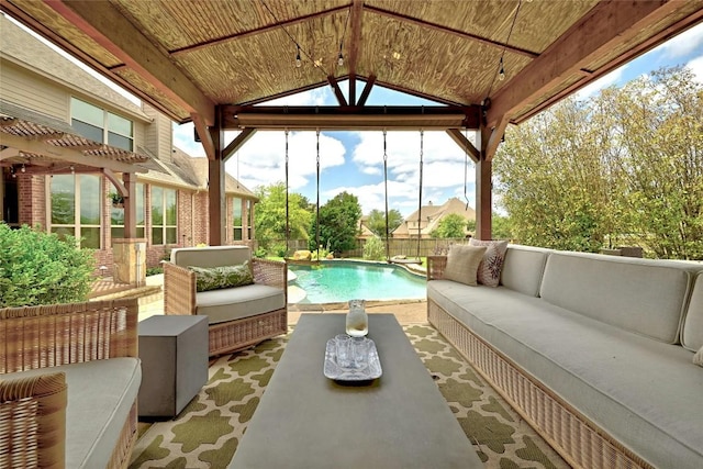 unfurnished sunroom featuring wood ceiling and vaulted ceiling with beams