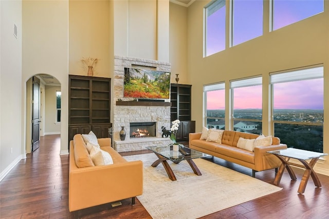 205 Palazza Alto Dr, Austin, TX 78734 - living area with a high ceiling, arched walkways, a fireplace, wood finished floors, and baseboards