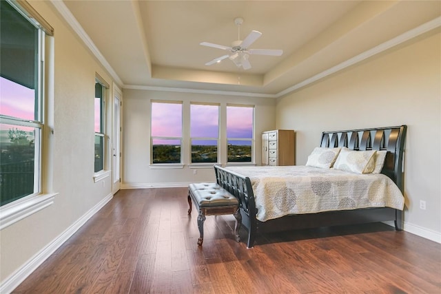 205 Palazza Alto Dr, Austin, TX 78734 - bedroom with a raised ceiling, dark wood finished floors, baseboards, and a ceiling fan