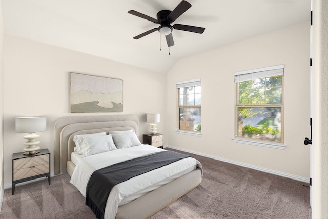 4131 Van Ness Ave, Round Rock, TX 78681 - bedroom with carpet flooring, baseboards, lofted ceiling, and ceiling fan