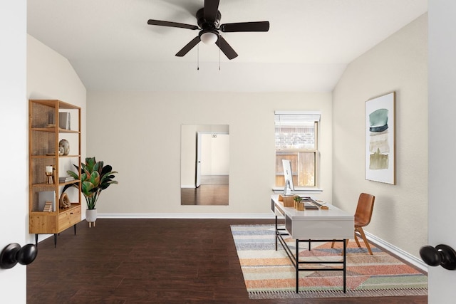 4131 Van Ness Ave, Round Rock, TX 78681 - dining area featuring vaulted ceiling, wood finished floors, ceiling fan, baseboards, and a desk