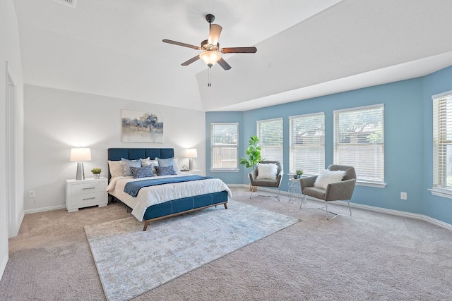 4131 Van Ness Ave, Round Rock, TX 78681 - carpeted bedroom featuring multiple windows, lofted ceiling, and ceiling fan