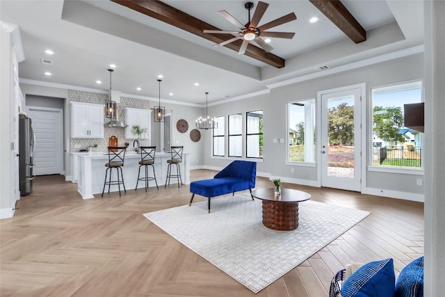 living area with baseboards, visible vents, recessed lighting, and beamed ceiling