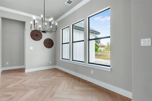 unfurnished dining area featuring ornamental molding, visible vents, baseboards, and a notable chandelier
