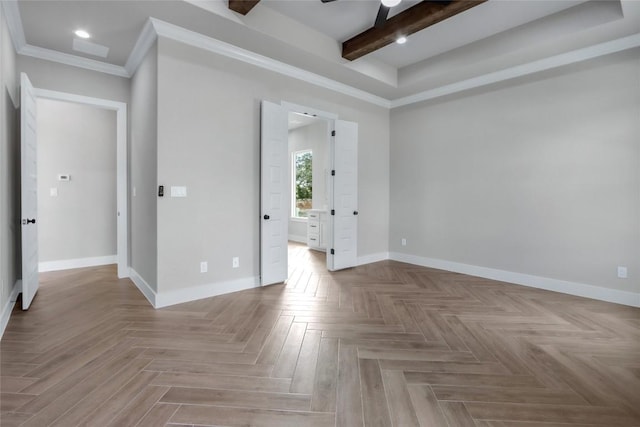 empty room featuring baseboards, a ceiling fan, beam ceiling, and ornamental molding