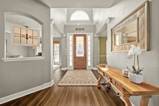 entrance foyer with baseboards, a textured wall, a healthy amount of sunlight, and wood finished floors