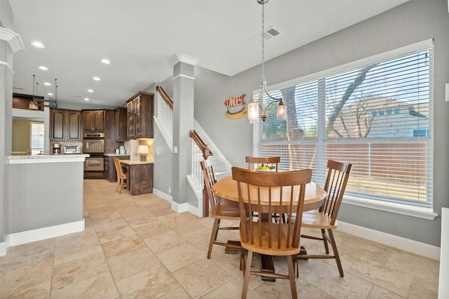 dining area with visible vents, baseboards, recessed lighting, and stairway