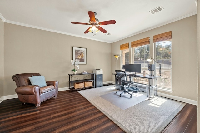 office area featuring baseboards, visible vents, dark wood-style flooring, and a wealth of natural light