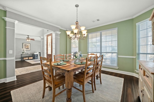 dining space with visible vents, plenty of natural light, dark wood-style floors, and decorative columns