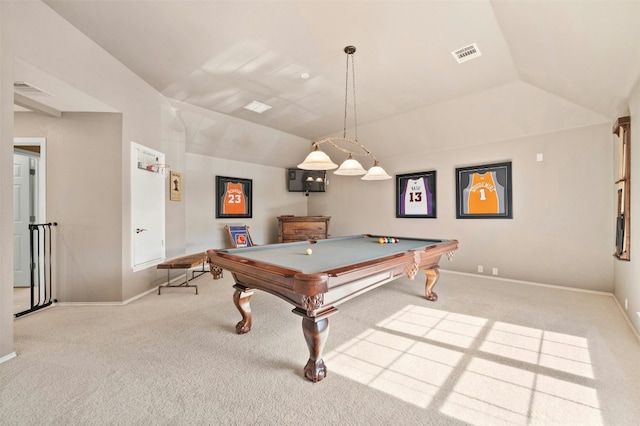 game room featuring baseboards, visible vents, pool table, light colored carpet, and lofted ceiling