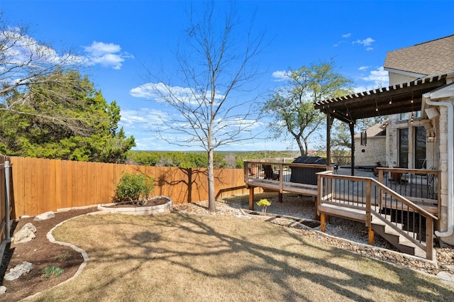 view of yard featuring a deck and a fenced backyard