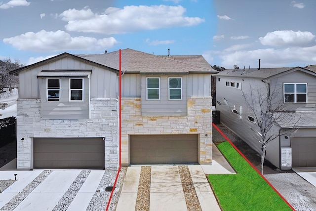 view of front facade featuring board and batten siding, stone siding, and an attached garage