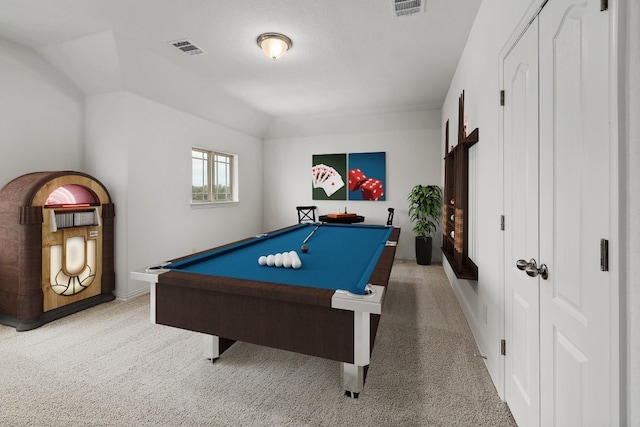 rec room with lofted ceiling, billiards, visible vents, and carpet flooring