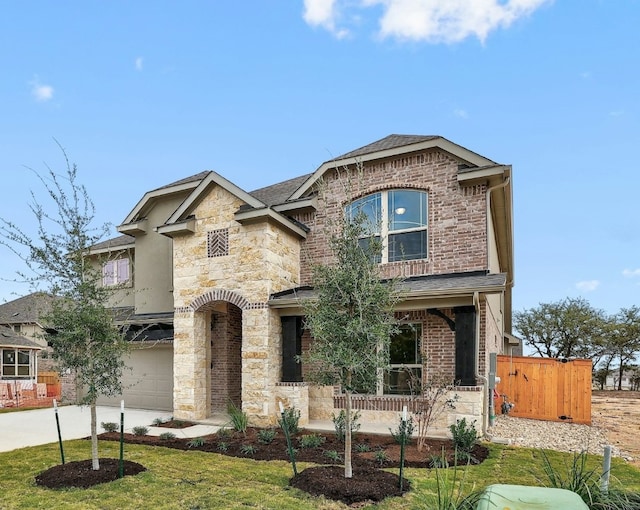 view of front of home with a front lawn, an attached garage, stone siding, and concrete driveway