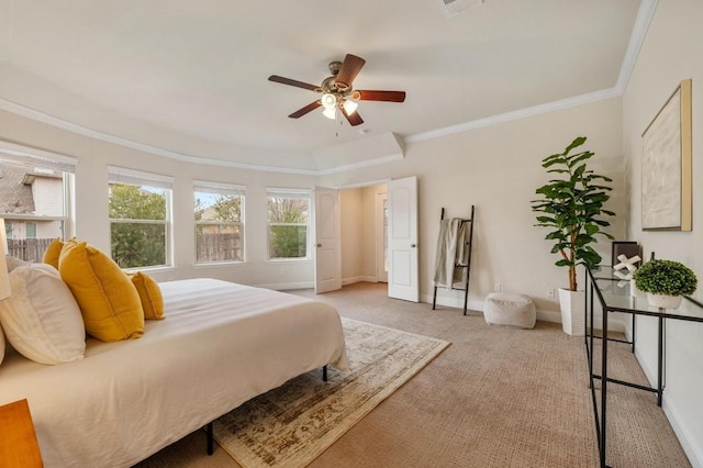 3541 Guadalajara St, Round Rock, TX 78665 - bedroom featuring light colored carpet, ornamental molding, and a ceiling fan