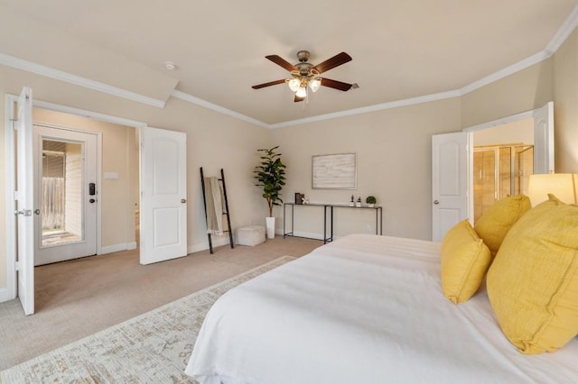 3541 Guadalajara St, Round Rock, TX 78665 - bedroom with carpet, ornamental molding, and ceiling fan