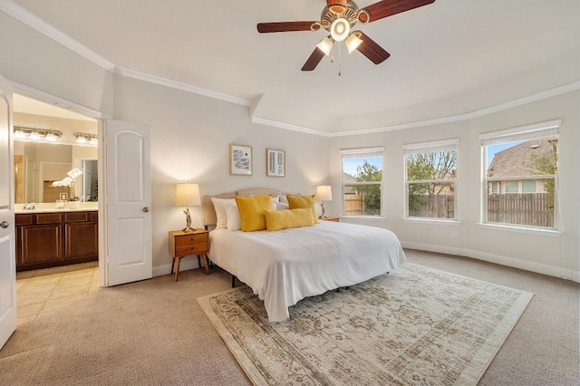 3541 Guadalajara St, Round Rock, TX 78665 - bedroom with ornamental molding, light colored carpet, ensuite bath, and ceiling fan