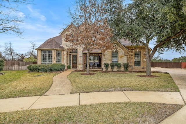 view of front facade featuring brick siding, a shingled roof, fence, stone siding, and a front yard