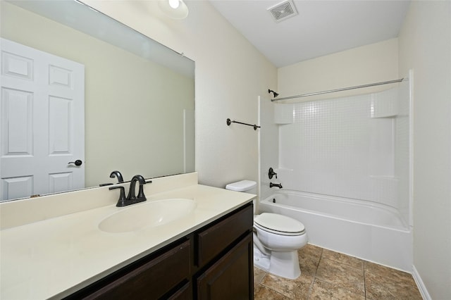 bathroom featuring toilet, washtub / shower combination, vanity, and visible vents