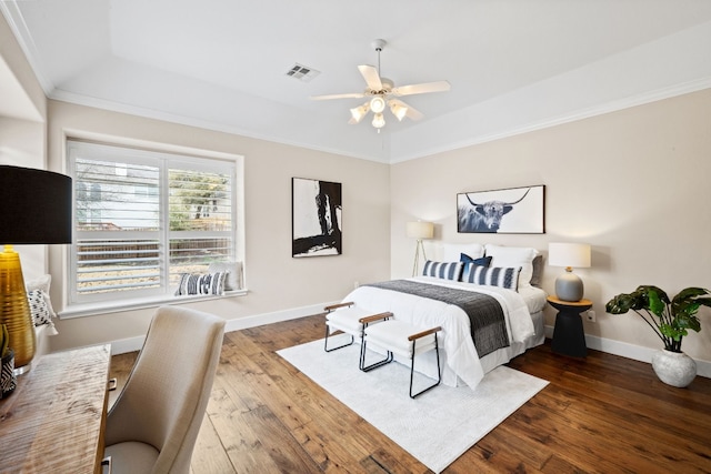 8112 Cobblestone, Austin, TX 78735 - bedroom featuring a raised ceiling, hardwood / wood-style floors, baseboards, crown molding, and a ceiling fan