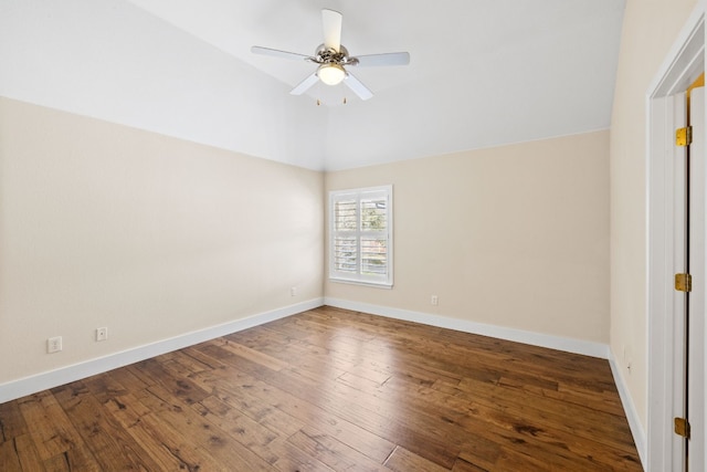 8112 Cobblestone, Austin, TX 78735 - empty room with hardwood / wood-style floors, a ceiling fan, baseboards, and high vaulted ceiling